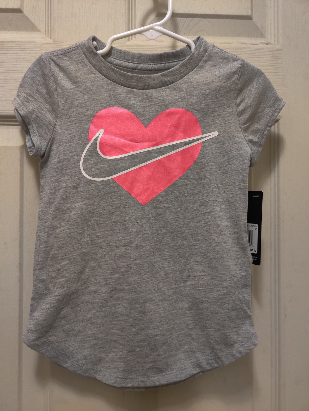 Nike Girls' Gray Tee with Pink Heart and White Swoosh